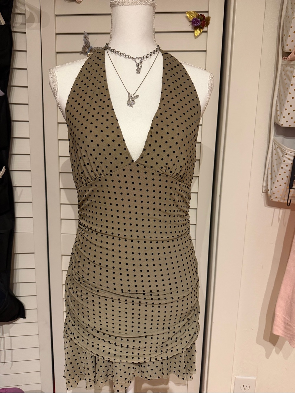 Polka Dot Halter Ruched Mini Dress - Olive/Black